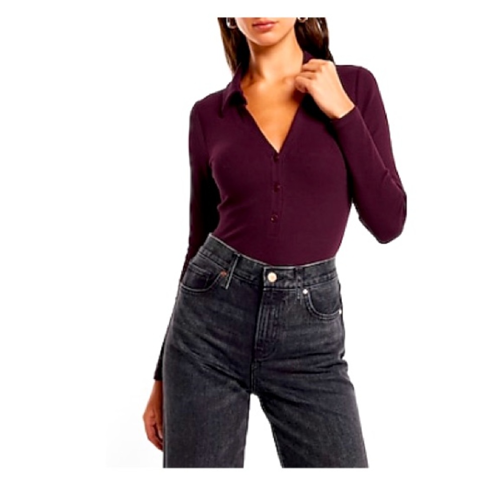 Express Ribbed V-Neck Long Sleeve Henley Polo Bodysuit,Burgundy Color,Sz. Large